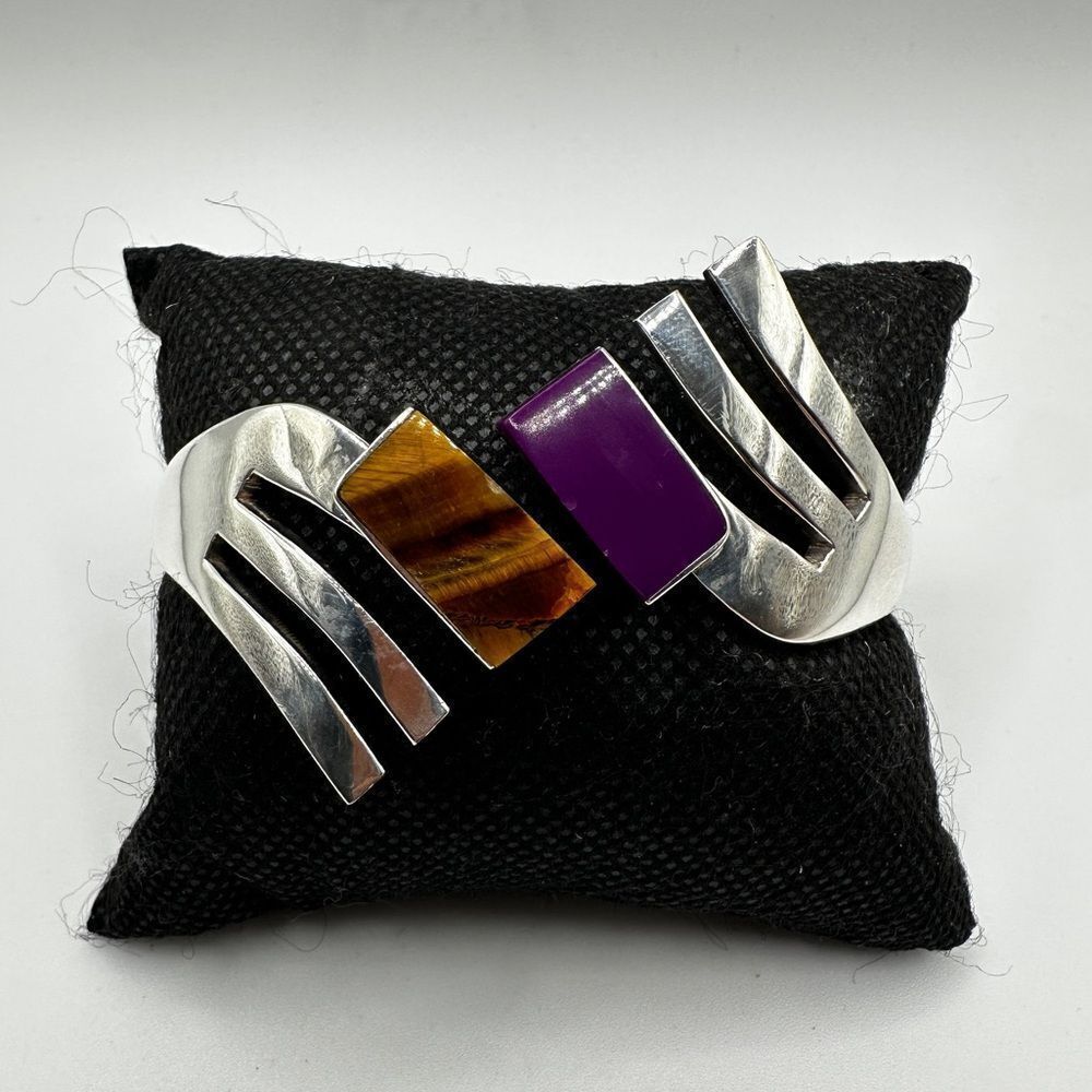 Vintage Sugilite‎ and Tiger's Eye TAXCO sterling silver clamp bracelet!